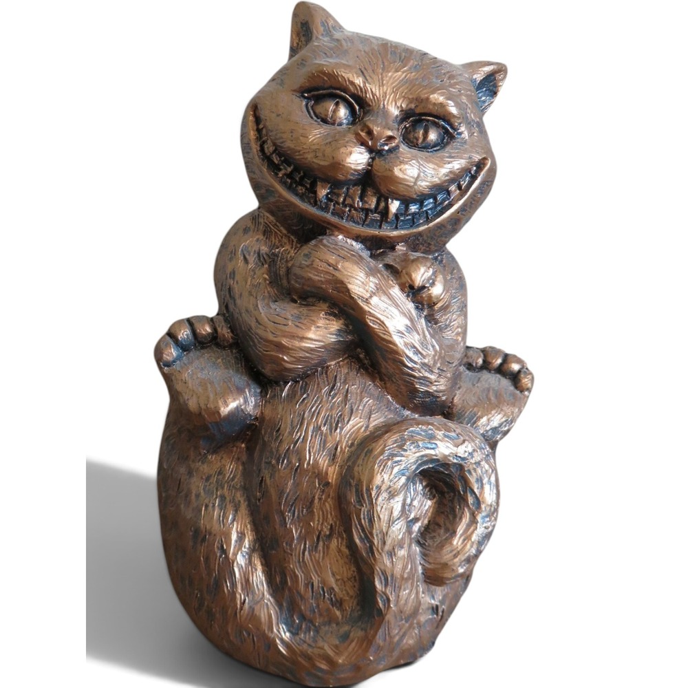 Bronze Cheshire Cat Figurine Alice in Wonderland Grinning Cat Decor 6 Inch